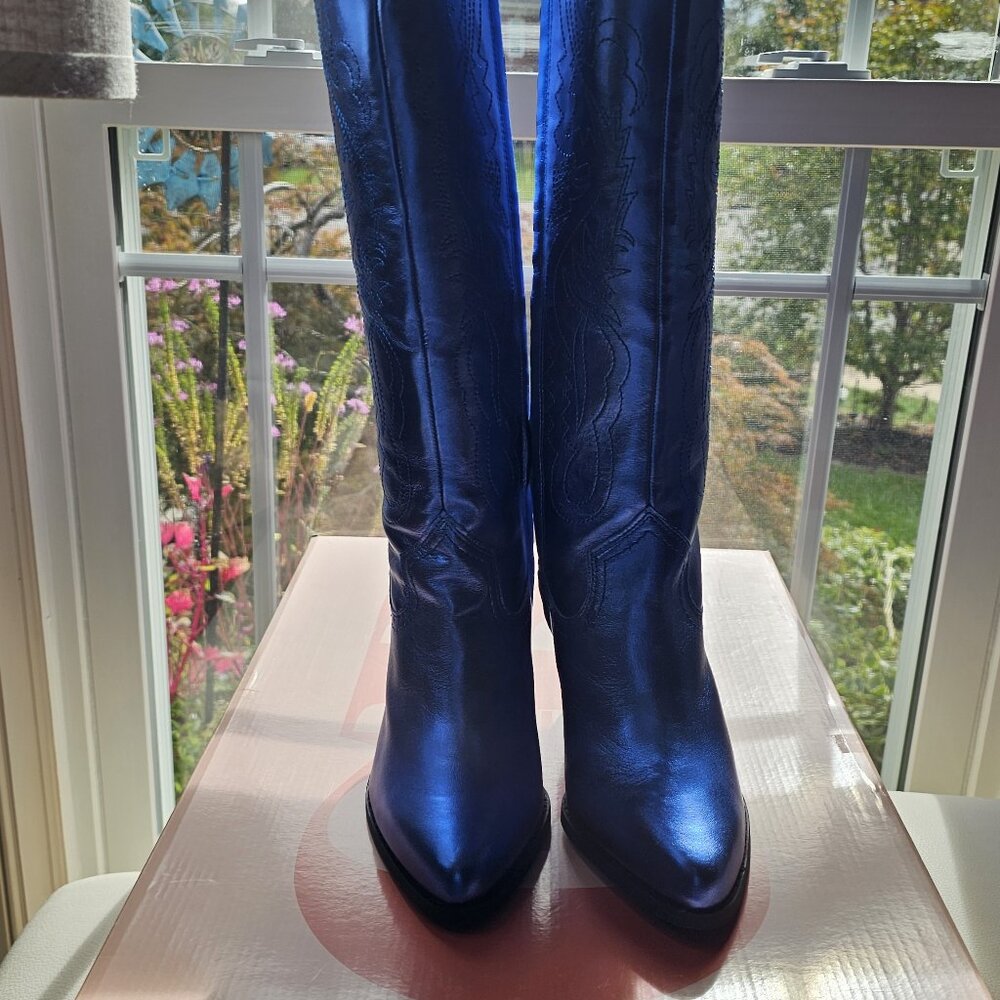 NWT - Gianni Bini Tall leather Butterfly Cowboy Boots Metallic Cobalt-Size 9